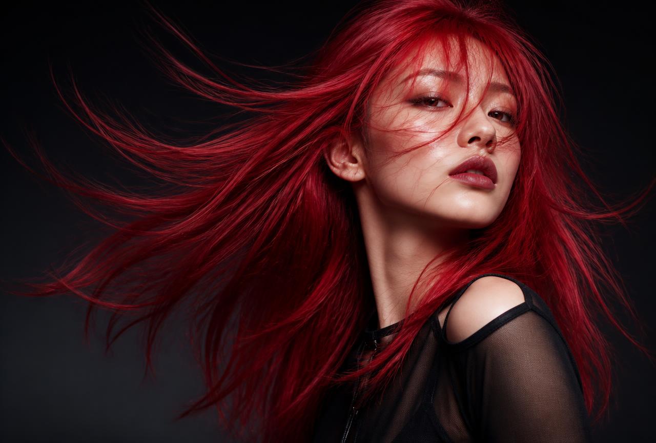 Editorial portrait of a model with vivid red hair flying in motion
