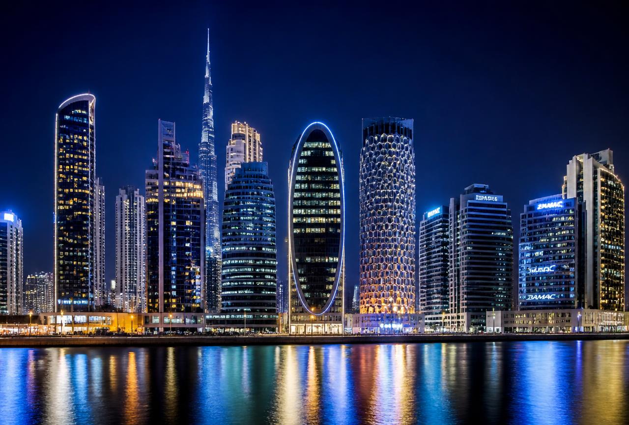 Dubai financial district skyline lit up at night