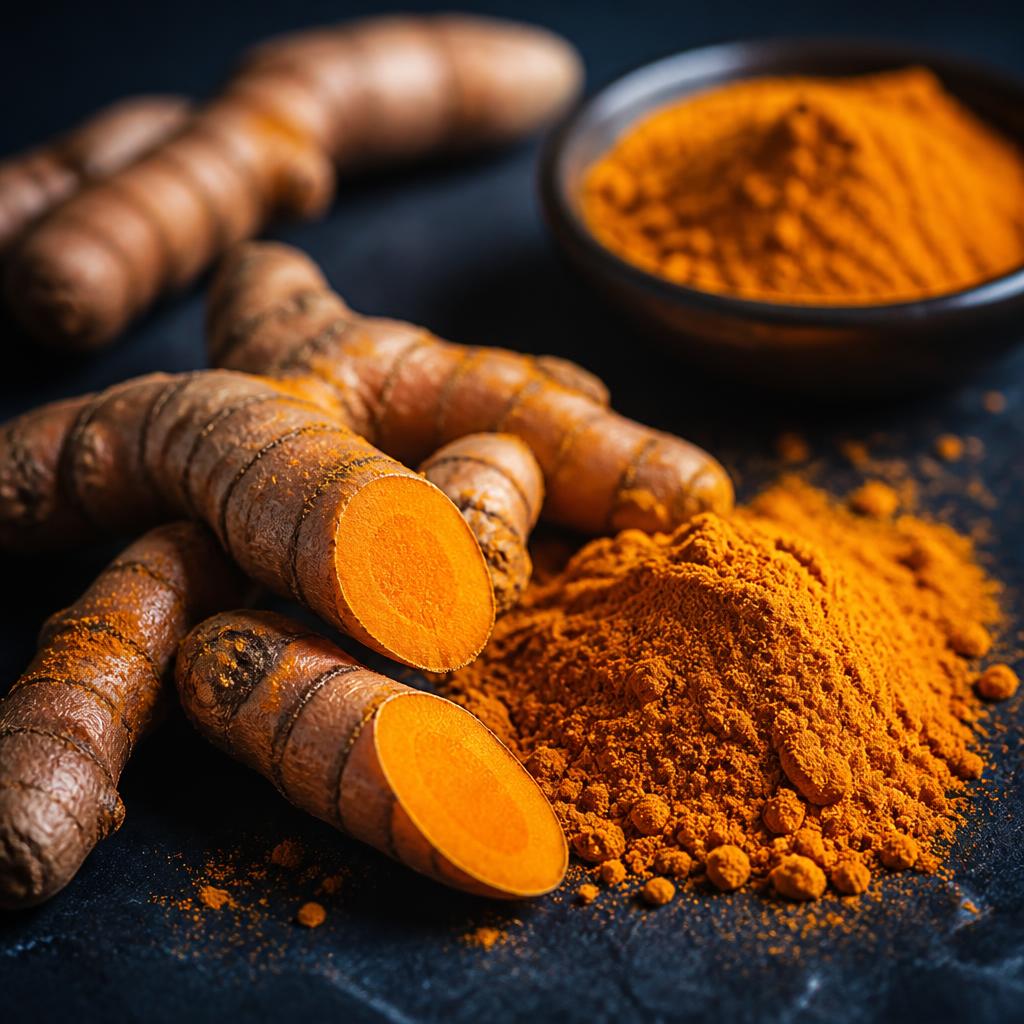 Aesthetic photograph of fresh turmeric roots and golden turmeric powder on a dark navy surface
