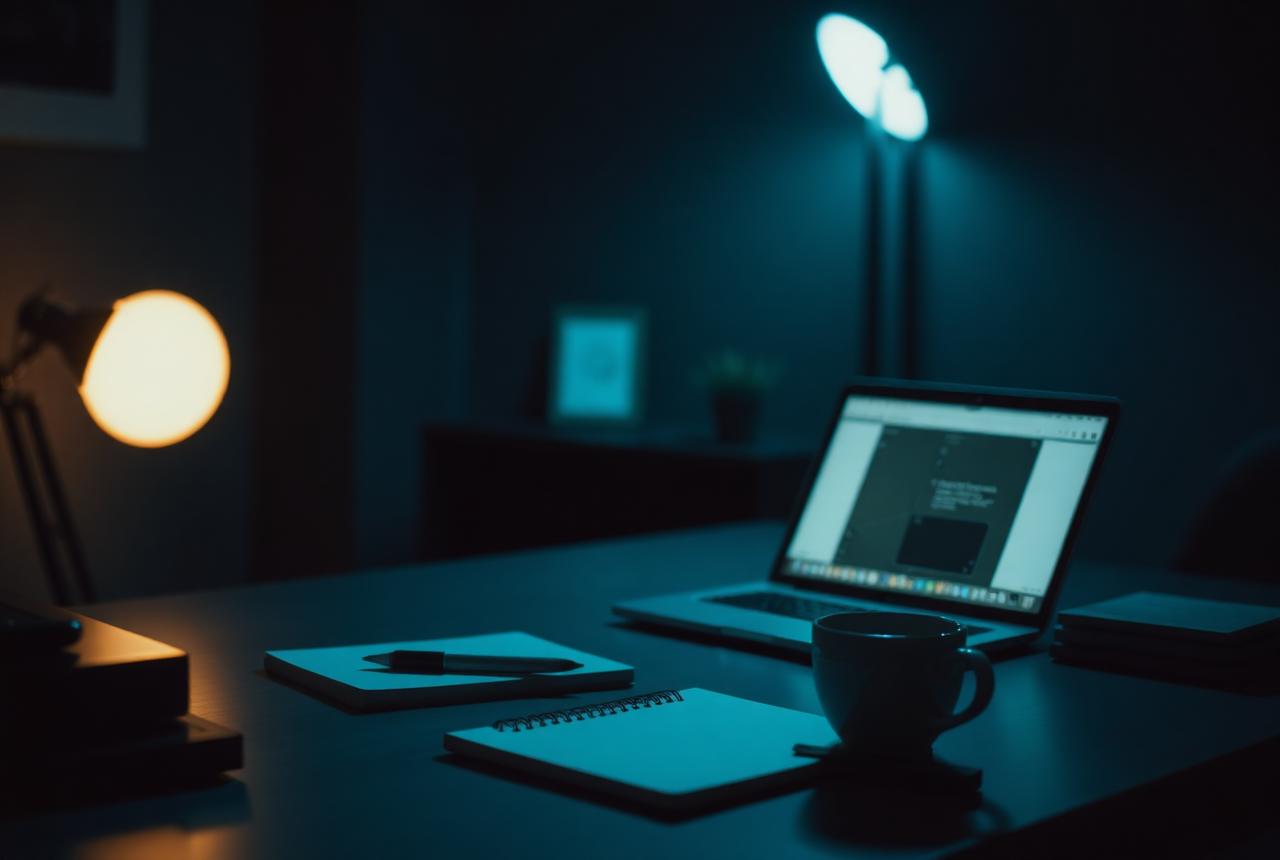A quiet late-night studio desk with notebook and laptop