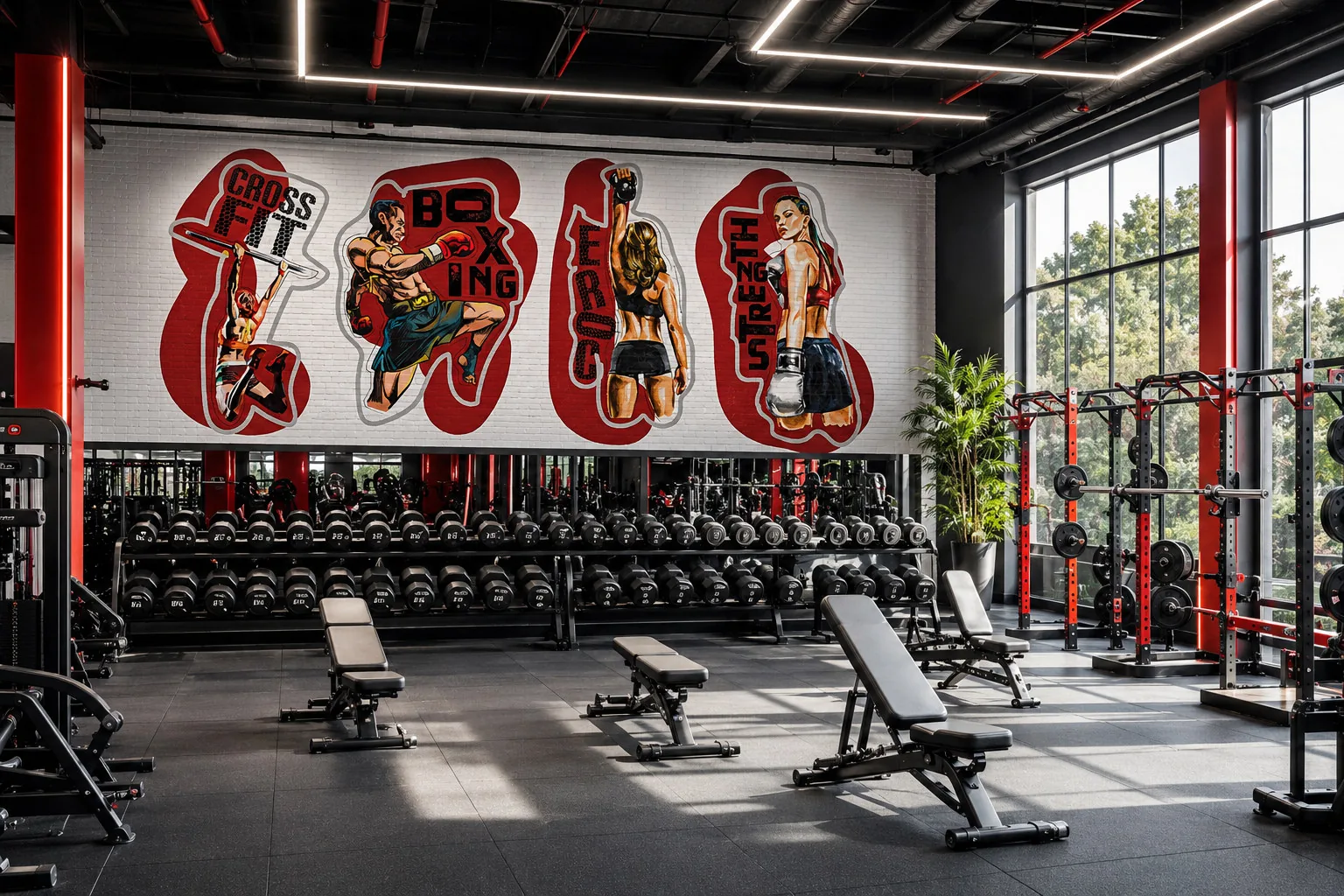Branded mural wall across the gym floor with CrossFit, Boxing and Strength artwork