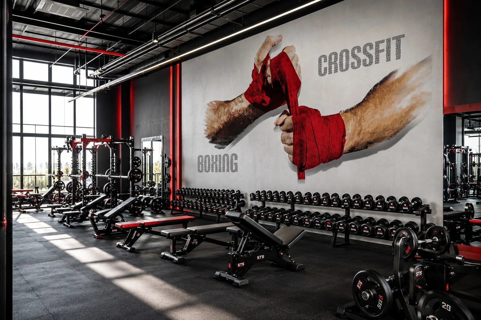 Large-scale CrossFit and Boxing hand-wrap mural above the dumbbell racks