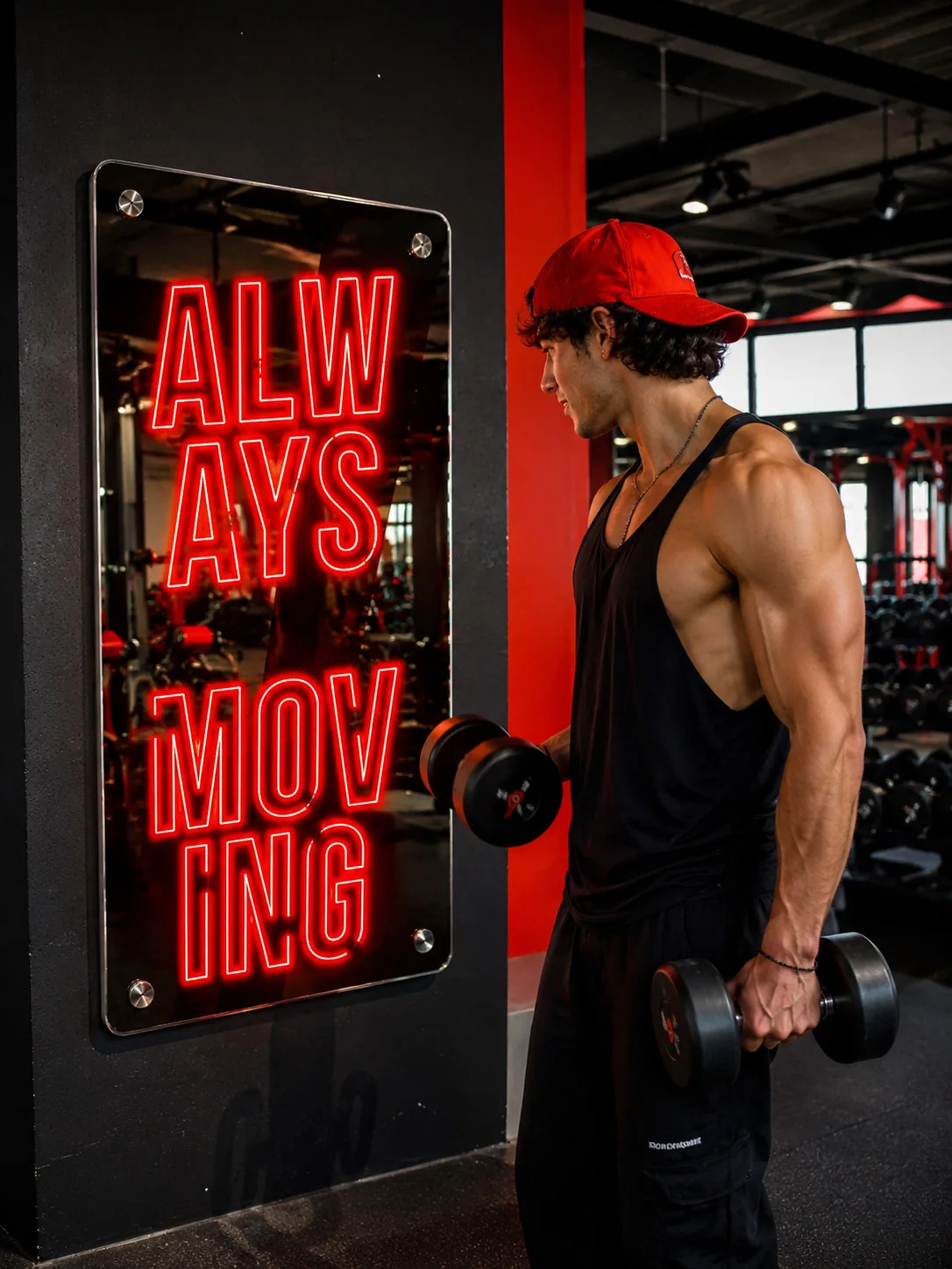 Always Moving neon sign on the gym floor