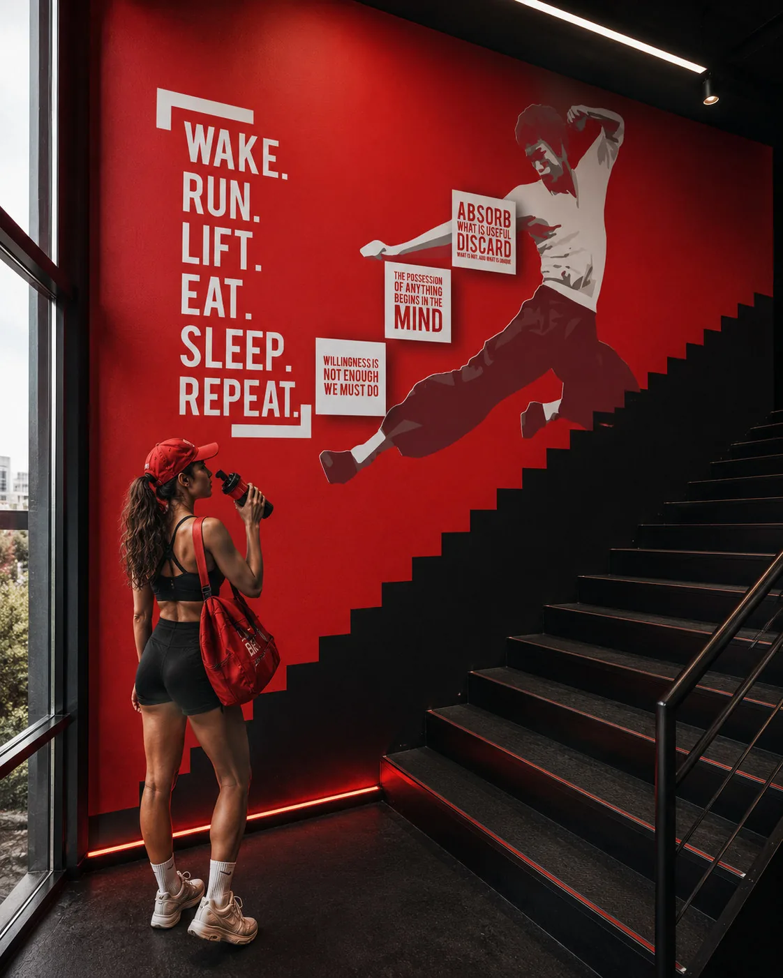Wake Run Lift Eat Sleep Repeat staircase mural