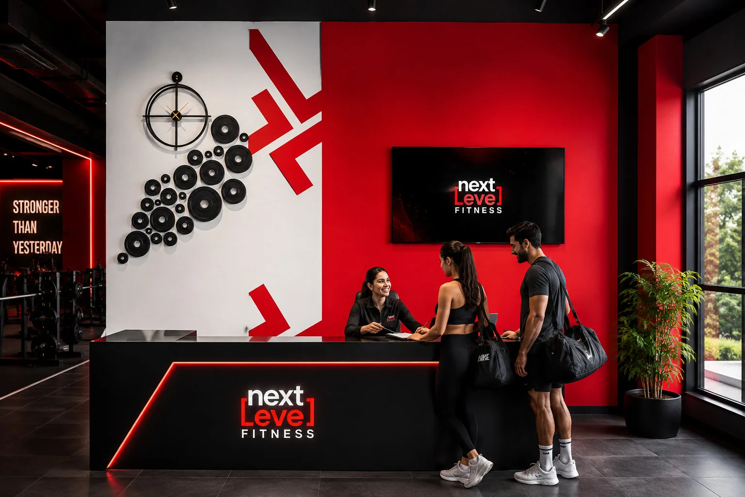 Next Level Fitness branded reception desk and wall