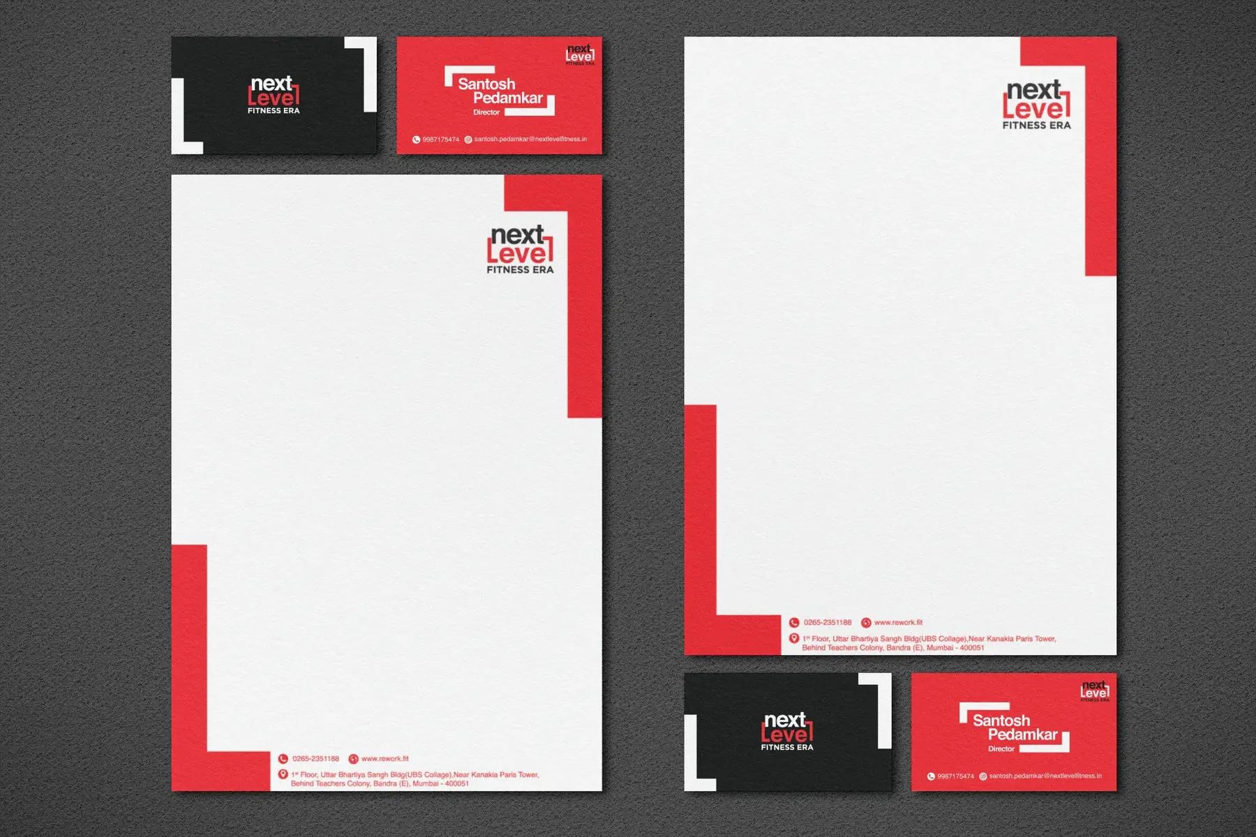 Next Level Fitness stationery suite with business cards and letterheads