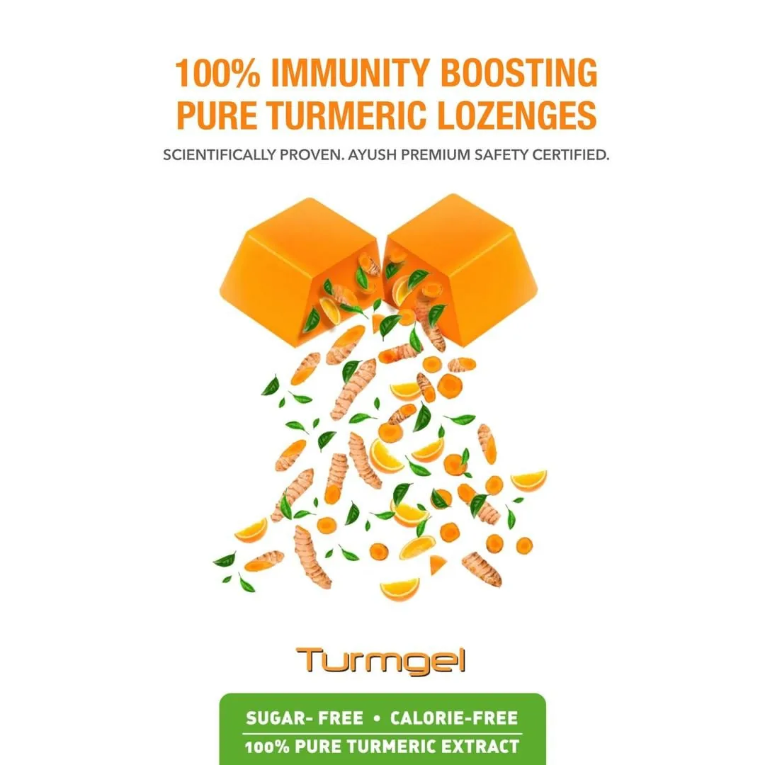 Turmgel key visual: 100% immunity boosting pure turmeric lozenges with turmeric root and orange