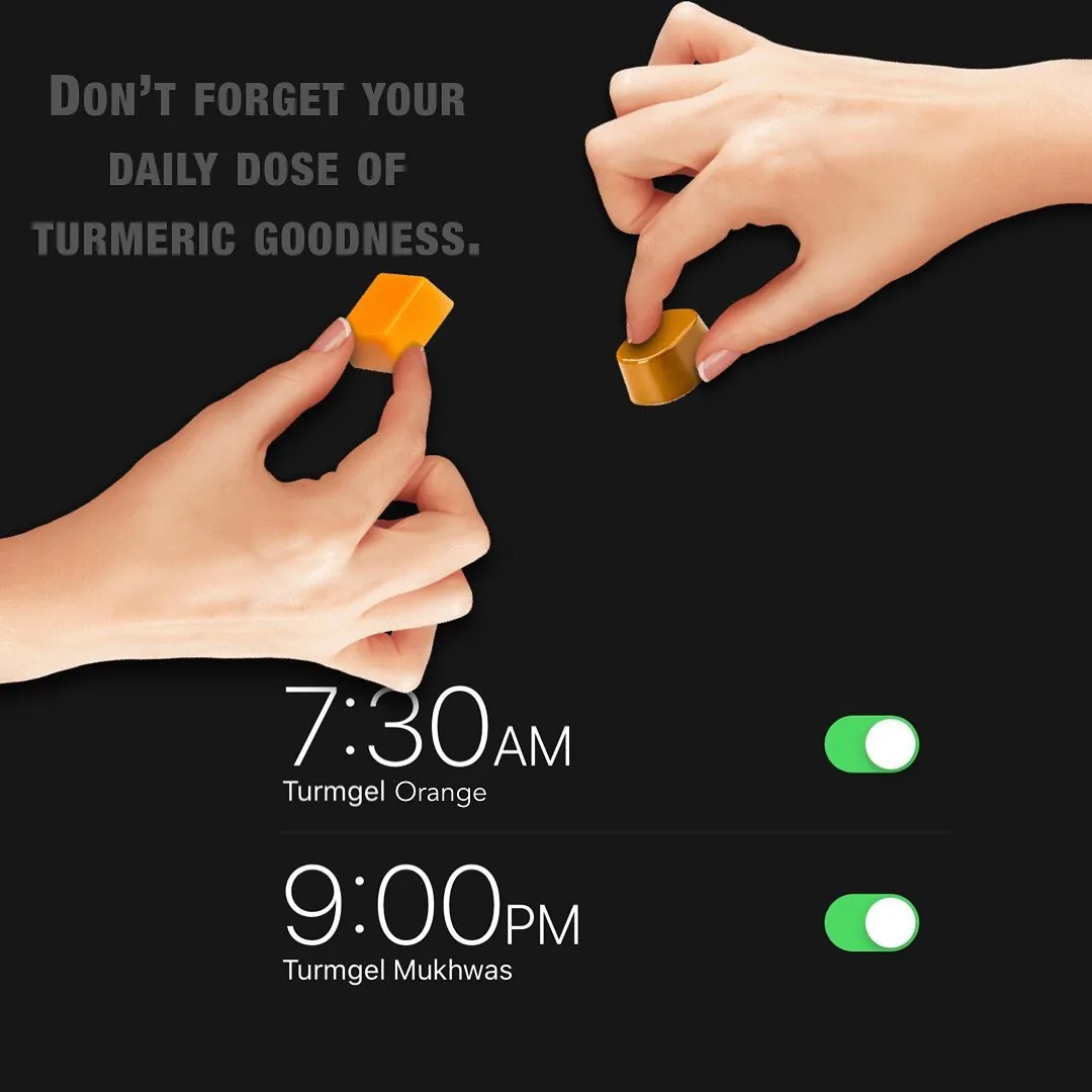 Turmgel daily dose post with alarm reminders for Turmgel Orange and Turmgel Mukhwas