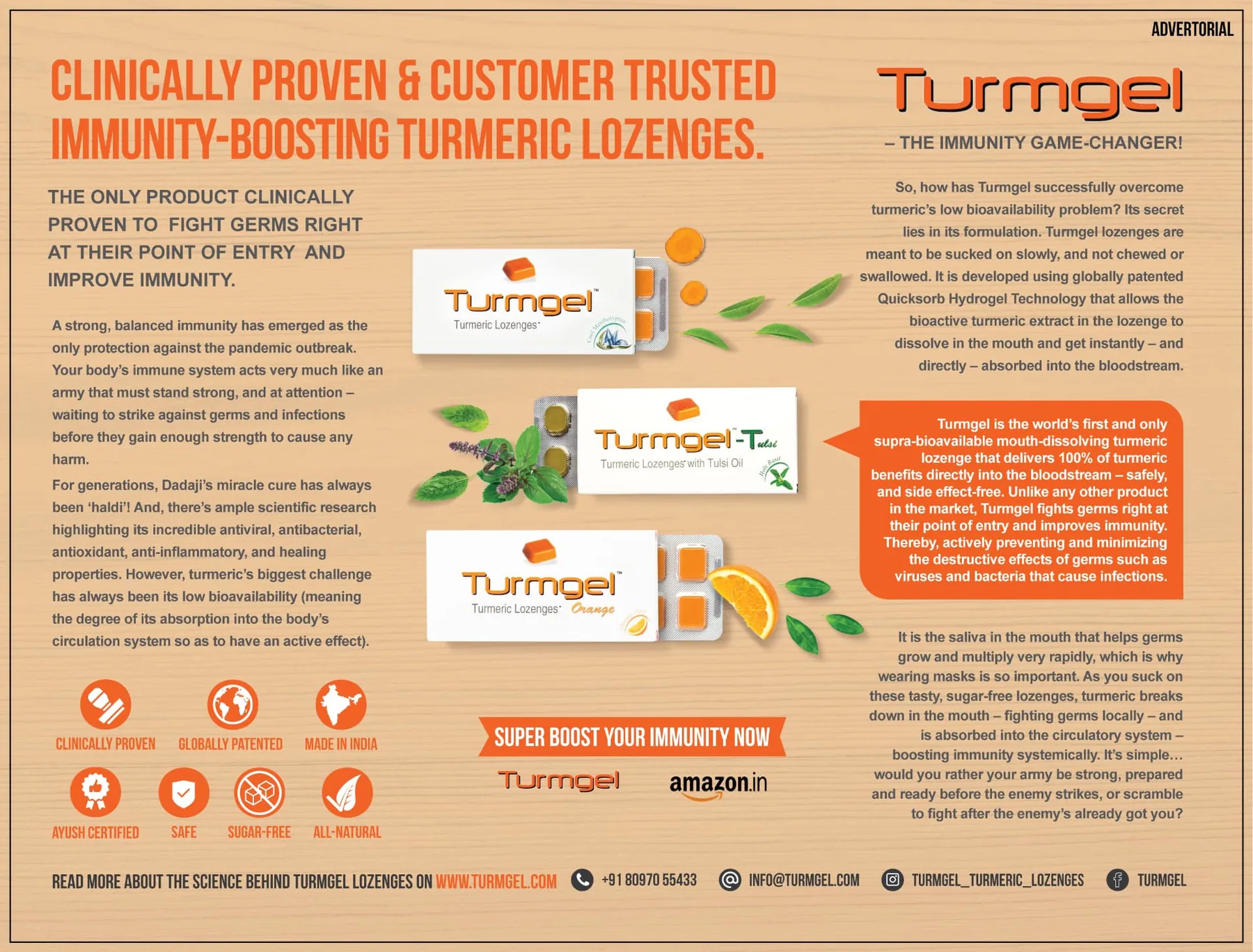 Turmgel print advertorial on clinically proven immunity-boosting turmeric lozenges